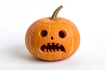 Spooky Carved Butternut Squash with Sharp Teeth Face on White Background