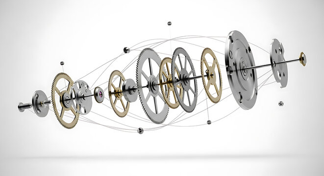 Exploded view of intricate watch mechanism gears and components in motion