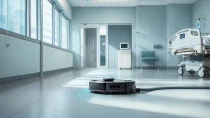 Autonomous Robotic Floor Cleaner Sanitizing Modern Hospital Corridor with Blue Light Trail
