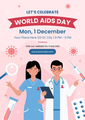 World AIDS Day poster template with red ribbon and abstract shapes. Vector illustration global awareness with HIV AIDS. Ideal for public health campaigns, social media, and digital banners