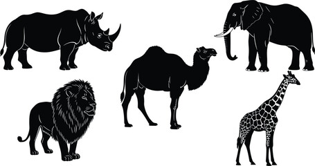 Flat vector illustration of wild African animals including lion, elephant, giraffe, rhinoceros, and camel, isolated on white background, wildlife, nature, safari, and exotic fauna design.