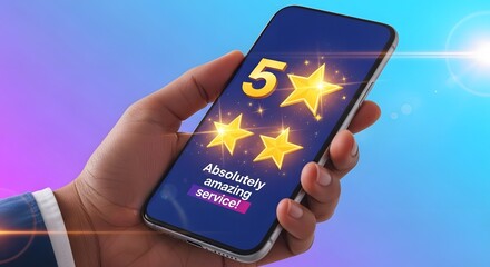 Hand holding smartphone displaying five star rating and positive feedback