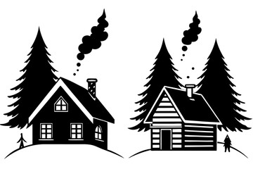 Snow-covered wooden cabin in the forest, smoke coming out of chimney, surrounded by pine trees, vector illustration