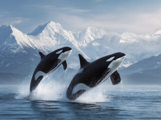 Fototapeta premium Two orcas jumping out of the water near mountains