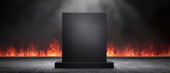 Minimalist black rectangular pedestal with plain surface placed on dark textured ground against flames burning sky background