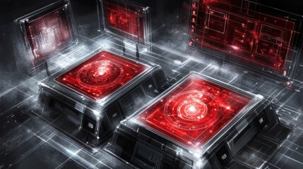 Futuristic Red Data Core: Abstract Technology Interface with Glowing Screens and Complex Circuitry
