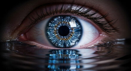 Close-up of a futuristic blue eye reflecting a digital world and technology interface concept