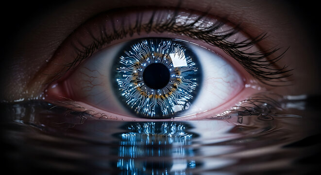 Close-up of a futuristic blue eye reflecting a digital world and technology interface concept - Powered by Adobe