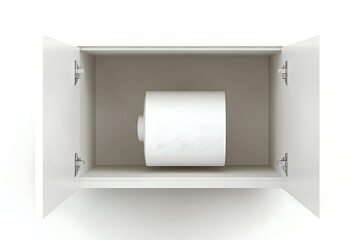A large roll of white paper sits inside an open, light-grey cabinet