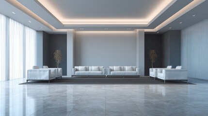 Modern spacious lounge with sleek white furniture large stylish ceiling lighting and minimalist interior design