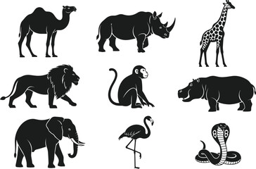 Flat vector illustration of African jungle animals, camel, rhino, giraffe, lion, monkey, elephant, cobra, flamingo, hippo, wildlife icons
