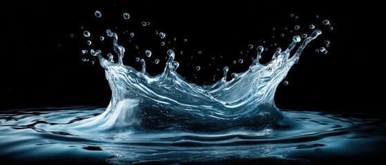 Close-up of a dynamic splash of clear water with droplets and ripples on a black background, highlighting fresh liquid movement and fluid nature