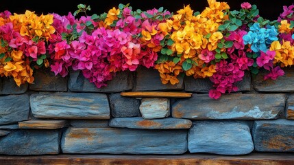 Vibrant flowers cascading over a stone wall