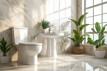 Sunlit modern bathroom with white toilet, pedestal sink, and abundant greenery