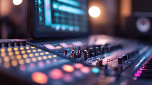 Music production console with audio mixer and keyboard for sound engineering