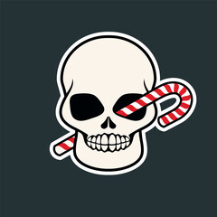 Scary human skull and candy cane in eye socket vector illustration. Spooky skull with candy cane icon isolated on a gray background. Creepy christmas symbol in flat style