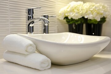 Stylish bathroom sink with rolled towels, faucet, and flowers. Clean, modern design