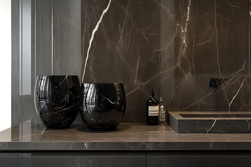Modern bathroom scene. Black marble accents, vases, countertop, dark aesthetic, sleek design