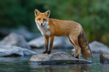 Red fox standing on rock in the river