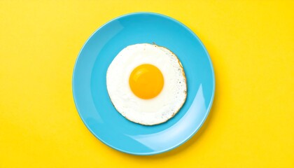 Fried egg on blue plate, yellow background