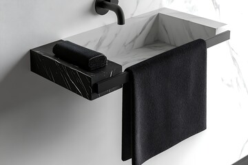 Modern bathroom sink featuring black marble shelf, faucet, towel rack, and black towel