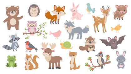 Fototapeta premium Cute Woodland Animals Set. Adorable vector illustration of forest creatures including a bear, fox, rabbit, deer, owl, and more, perfect for kids' designs and educational materials