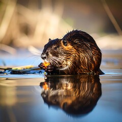 Nutria eating a carrot in water