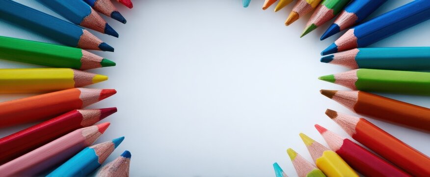 The colored pencils arranged in a circular pattern framing a blank white center - Powered by Adobe