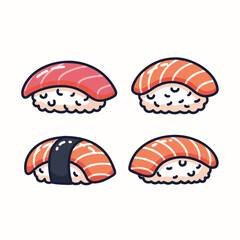 a plate of cartoon sushi with salmon and rice on a white background