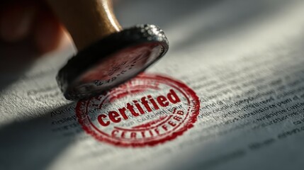 A close-up of a seal being stamped on a document, highlighting the word "Certified" in red, symbolizing authenticity and approval.
