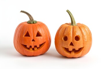 Twin Carved Pumpkins with Chevron Faces and Mischievous Grins on White Background