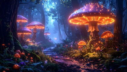 Illuminated mushrooms in a mystical forest
