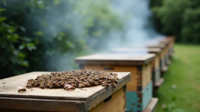 Little apiary consisting of few bee hives situated in the nature. Smoke comes from a smoker left on the hive lid. Lots of bees swarming around. Vertical