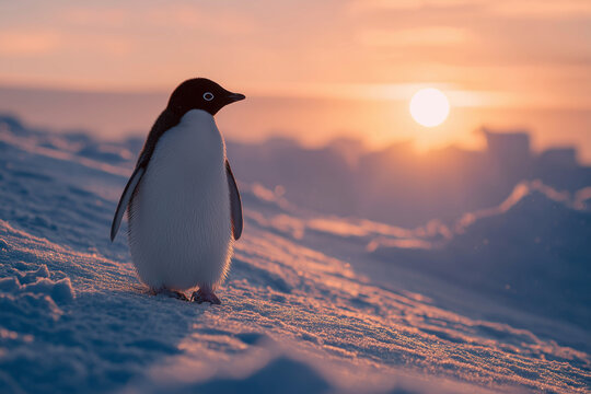 Adelie penguin standing on snow at sunset