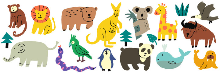Cute Scribble Kid Animal Set. Crayon Pencil Baby Creature Collection. Cartoon Vector Illustration