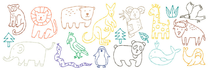 Cute Scribble Linear Kid Animal Set. Crayon Pencil Baby Creature Collection. Cartoon Vector Illustration