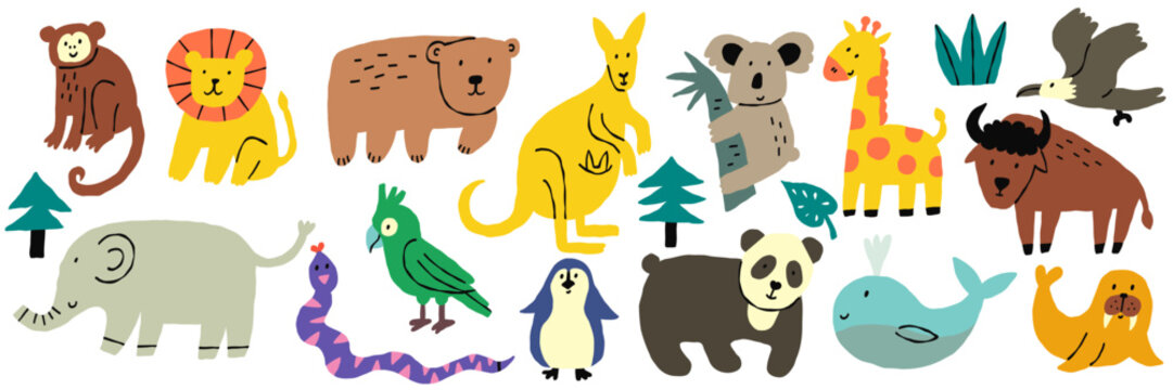 Naklejki Cute Scribble Kid Animal Set. Crayon Pencil Baby Creature Collection. Cartoon Vector Illustration