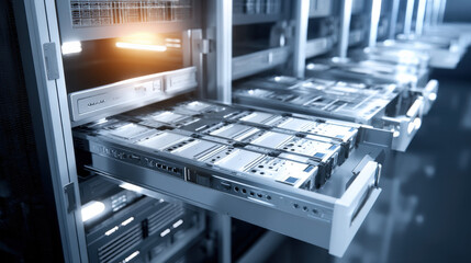 SSD storage array drawer sliding smoothly into chassis dust-free environment professional mood illustration concept scene visual for commercial design use high detail quality stock image illustration 