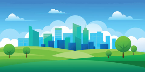 Fototapeta premium City landscape with skyscrapers and green grass. Vector illustration.