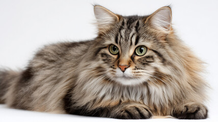 Obraz premium Fluffy cat lying isolated on white background