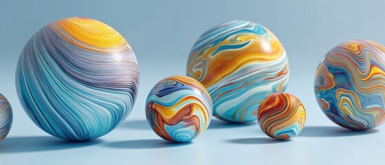 Vibrant multicolored marble spheres of various sizes with intricate swirling patterns and glossy surface against light blue background