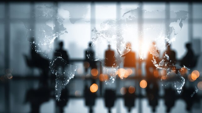 A silhouette of businesspeople in a meeting, with a world map overlay, symbolizing global collaboration and strategy. - Powered by Adobe