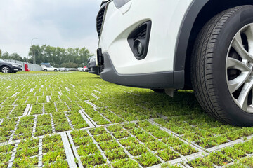 Eco-friendly car parking in urban setting, featuring gray paving stones interspersed with patches of green grass
