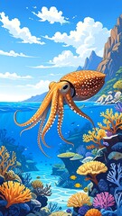 Ocean cephalopod in coral reef