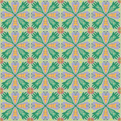 Colourful fabric pattern of purple butterfly and green leave