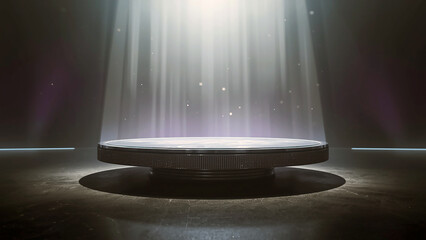 Mysterious glowing platform with light beams in a dark environment