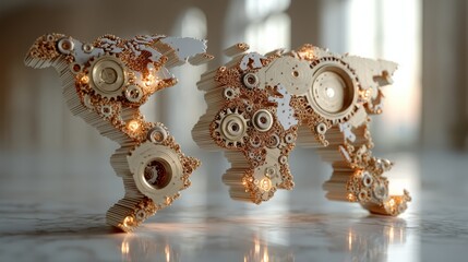 A 3D map of the world composed of gears and mechanical elements, showcasing a blend of technology and geography in a creative design.