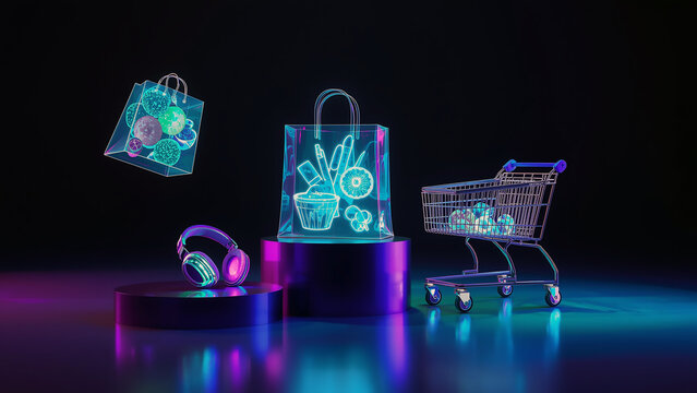 Futuristic shopping concept with glowing digital products and neon lighting