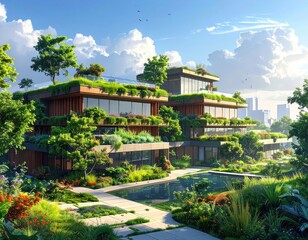Naklejka premium Lush, modern architectural design featuring a sustainable building with rooftop gardens and a tranquil courtyard pool.