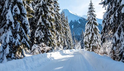Snowy winter road through a pine forest. Sunlight filters through trees